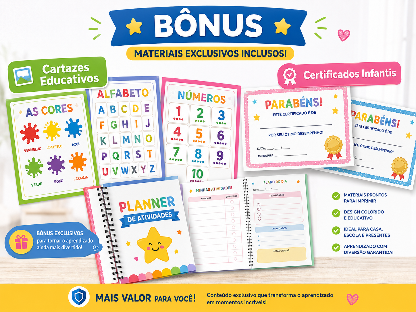 Mockup dos bônus: cartazes educativos, certificado infantil e planner semanal