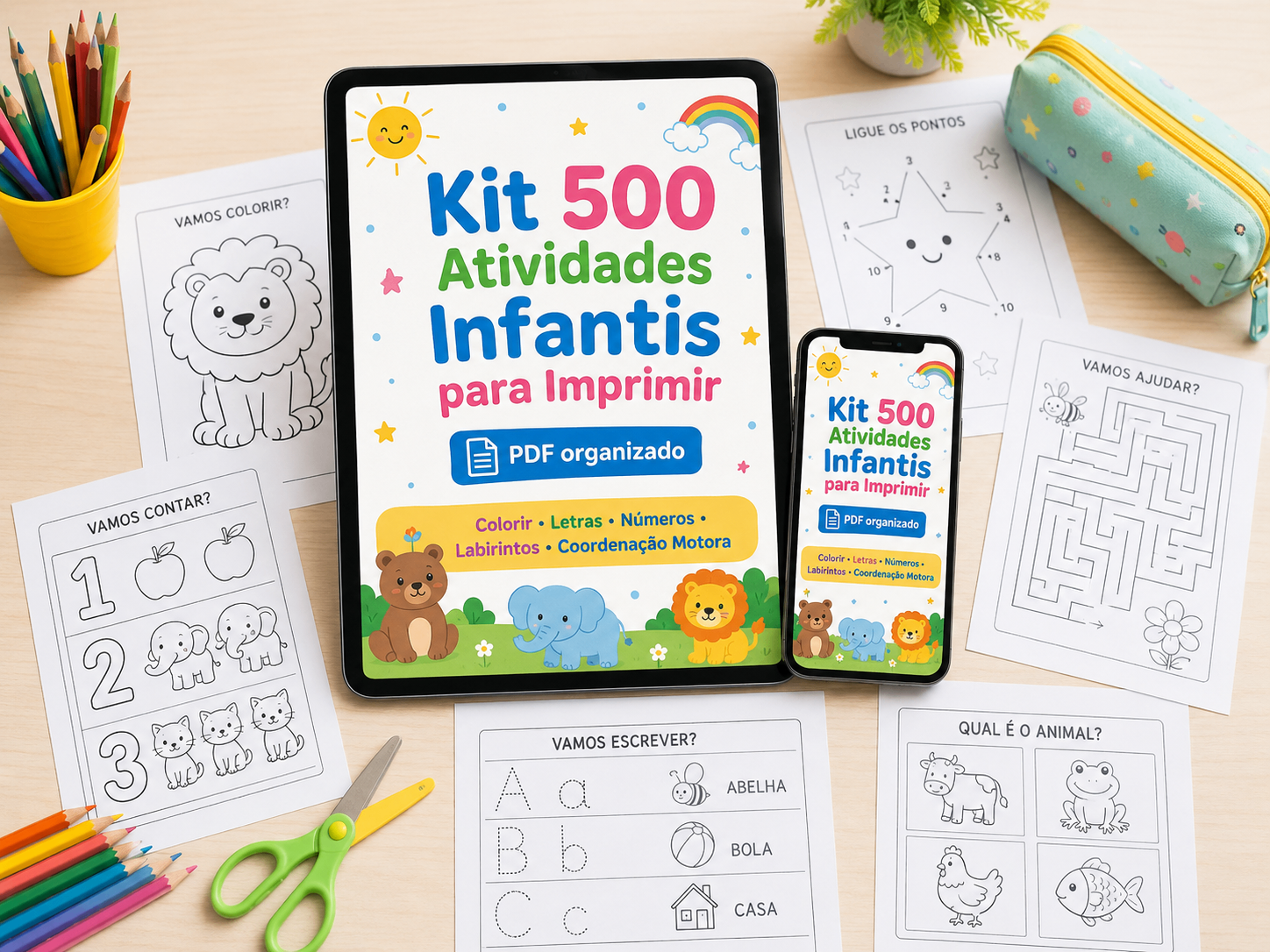 Arte principal do Kit 500 Atividades Infantis com tablet, celular e folhas de atividades