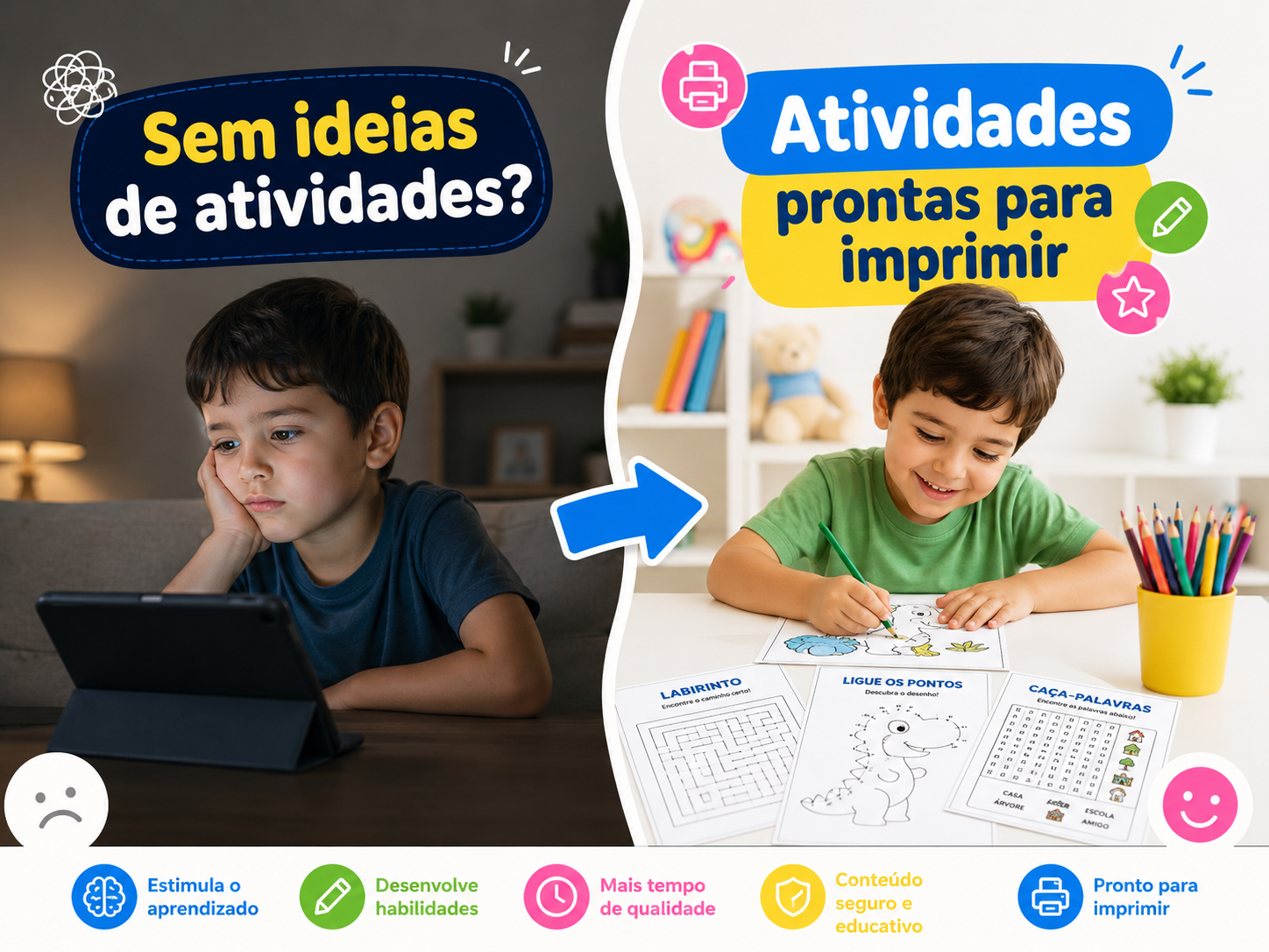 Arte comparando o antes e depois com atividades prontas para imprimir