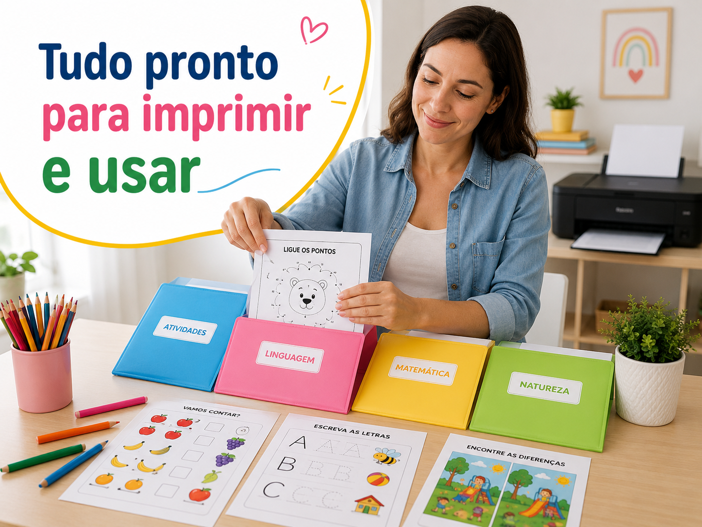 Imagem de mãe organizando folhas do kit prontas para imprimir e usar